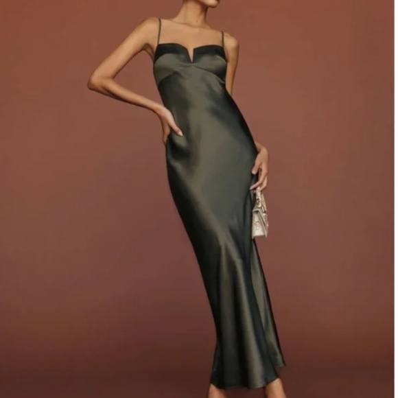 NEW Reformation Brie Silk Maxi Dress - Pine Tree Gray - Picture 12 of 14